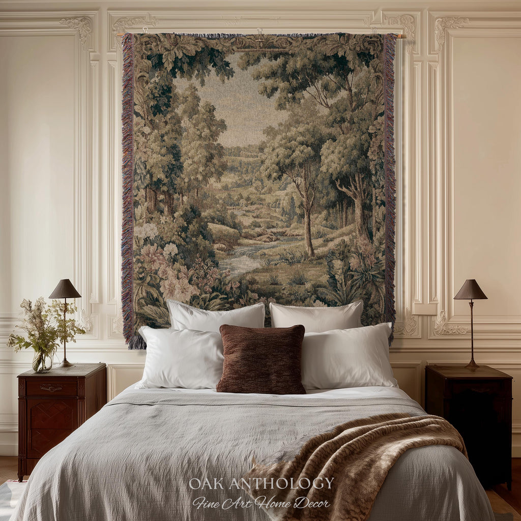 French Floral Woodland River Tapestry Aubusson Style Romantic Rolling Hills Decor | Old World Verdure European Elegant Rustic Charm Wall Art