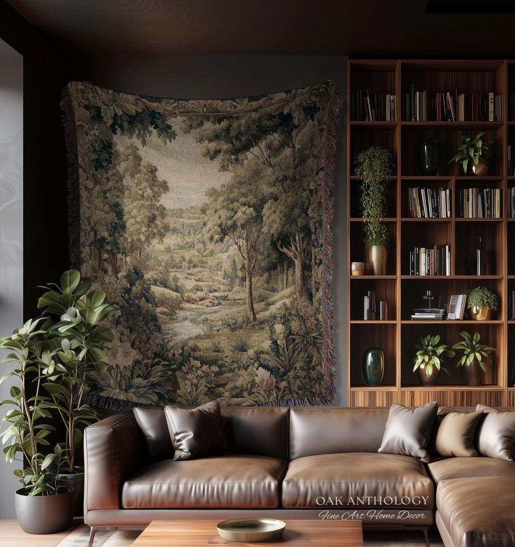 French Floral Woodland River Tapestry Aubusson Style Romantic Rolling Hills Decor | Old World Verdure European Elegant Rustic Charm Wall Art