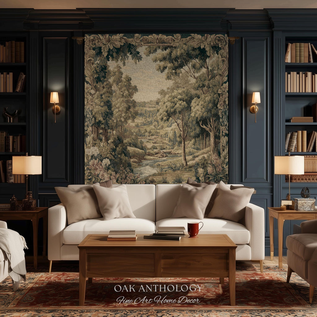 French Floral Woodland River Tapestry Aubusson Style Romantic Rolling Hills Decor | Old World Verdure European Elegant Rustic Charm Wall Art