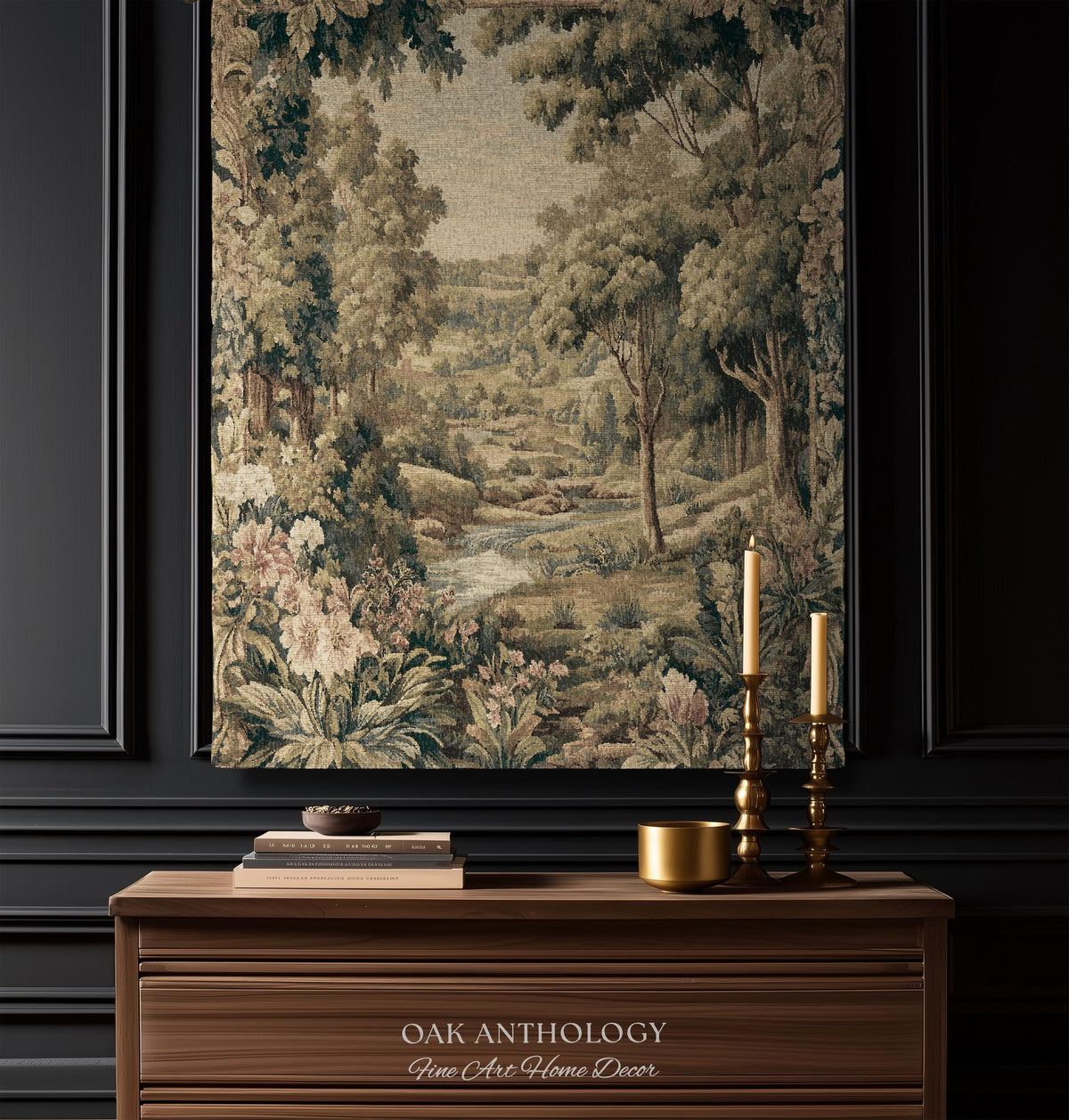 French Floral Woodland River Tapestry Aubusson Style Romantic Rolling Hills Decor | Old World Verdure European Elegant Rustic Charm Wall Art