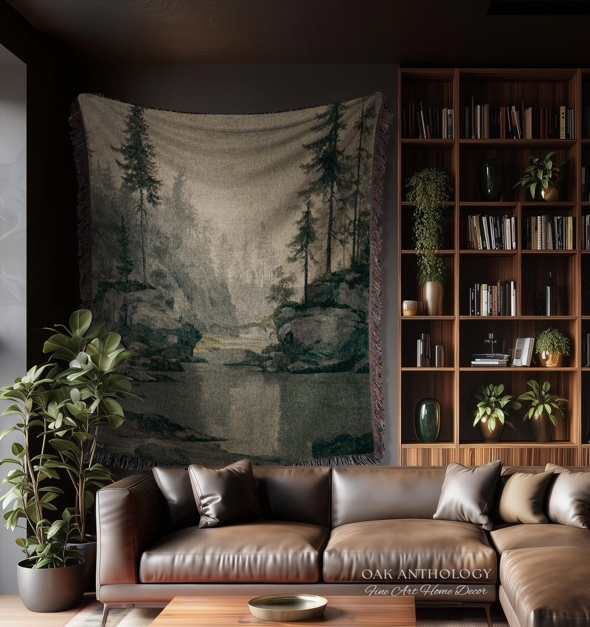 Misty Pine Forest Woven Tapestry Wall Hanging | Foggy River Landscape Antique Woodland Grove of Trees Rustic Throw Neutral Toned Art Decor