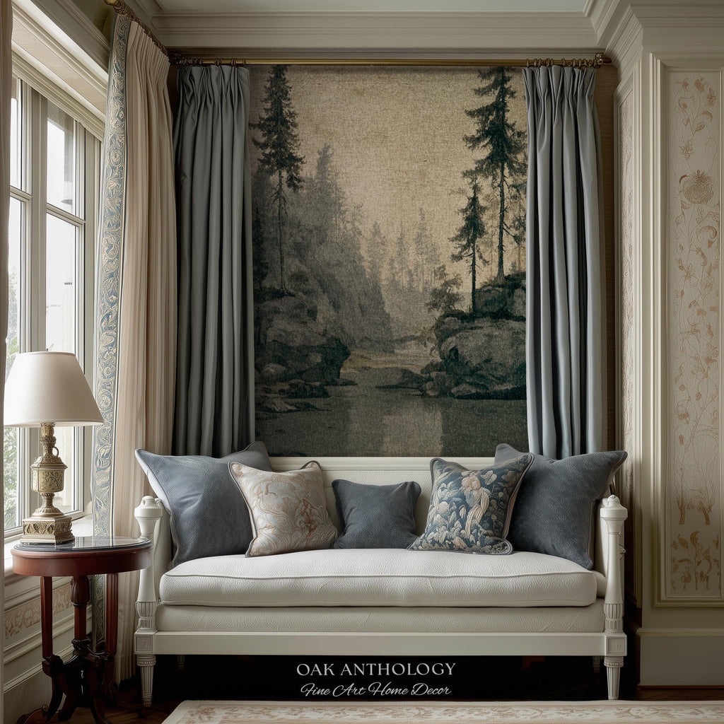 Misty Pine Forest Woven Tapestry Wall Hanging | Foggy River Landscape Antique Woodland Grove of Trees Rustic Throw Neutral Toned Art Decor