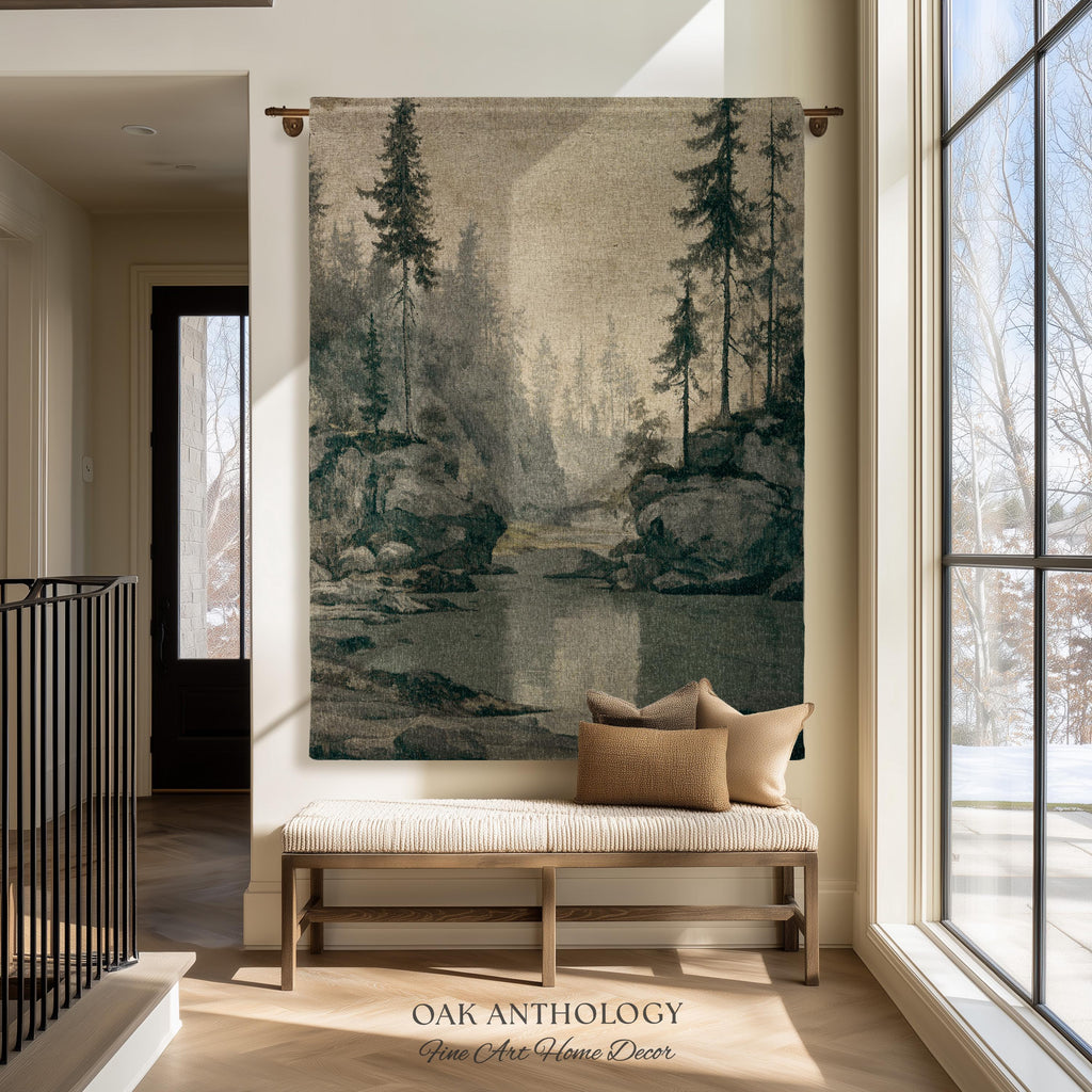 Misty Pine Forest Woven Tapestry Wall Hanging | Foggy River Landscape Antique Woodland Grove of Trees Rustic Throw Neutral Toned Art Decor