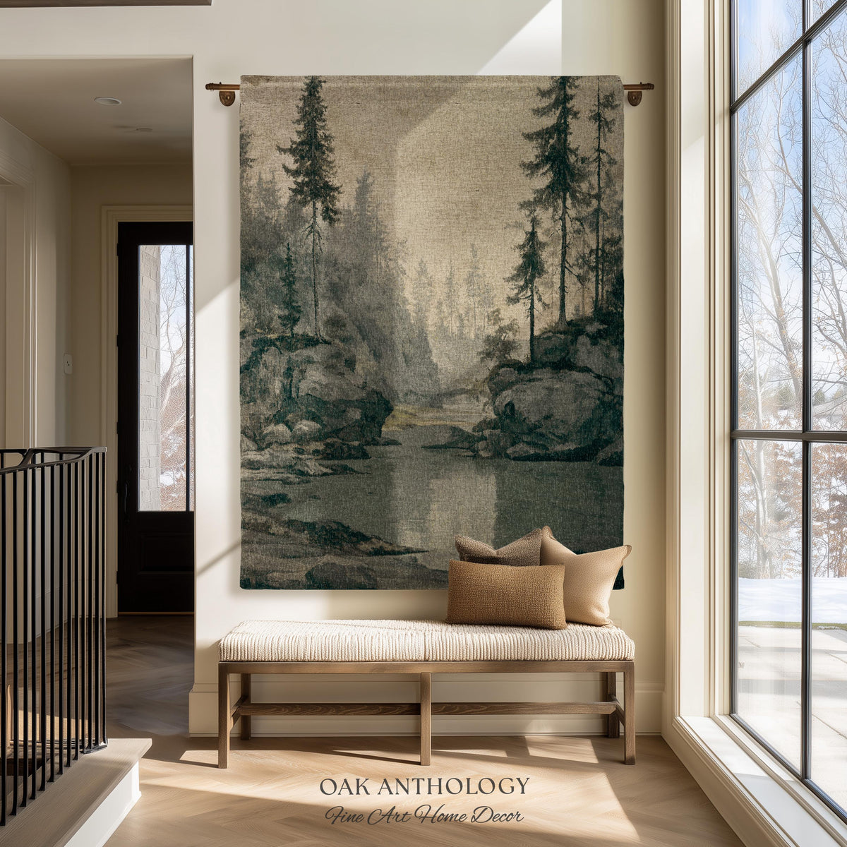 Misty Pine Forest Woven Tapestry Wall Hanging | Foggy River Landscape Antique Woodland Grove of Trees Rustic Throw Neutral Toned Art Decor