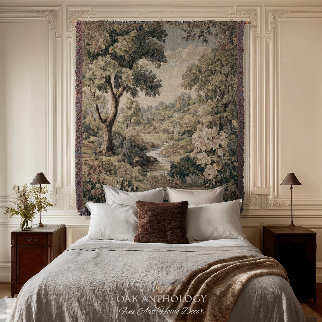 Sunlit Floral Meadow Stream Rolling Hills Countryside Woven Tapestry | Pastoral Landscape Throw Wall Hanging European Nature Botanical Art