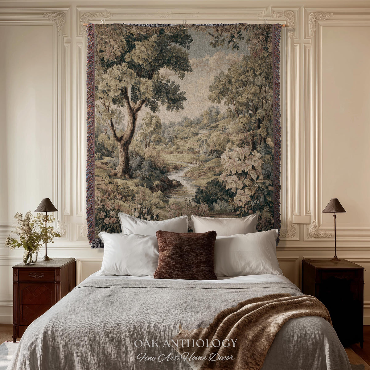 Sunlit Floral Meadow Stream Rolling Hills Countryside Woven Tapestry | Pastoral Landscape Throw Wall Hanging European Nature Botanical Art