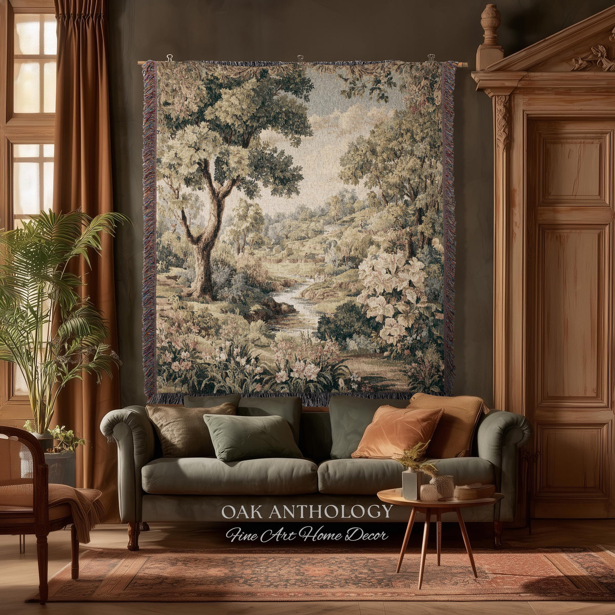 Sunlit Floral Meadow Stream Rolling Hills Countryside Woven Tapestry | Pastoral Landscape Throw Wall Hanging European Nature Botanical Art