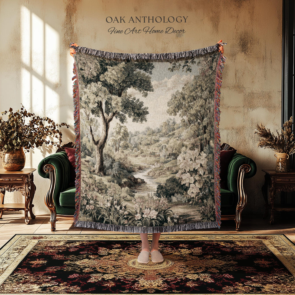 Sunlit Floral Meadow Stream Rolling Hills Countryside Woven Tapestry | Pastoral Landscape Throw Wall Hanging European Nature Botanical Art