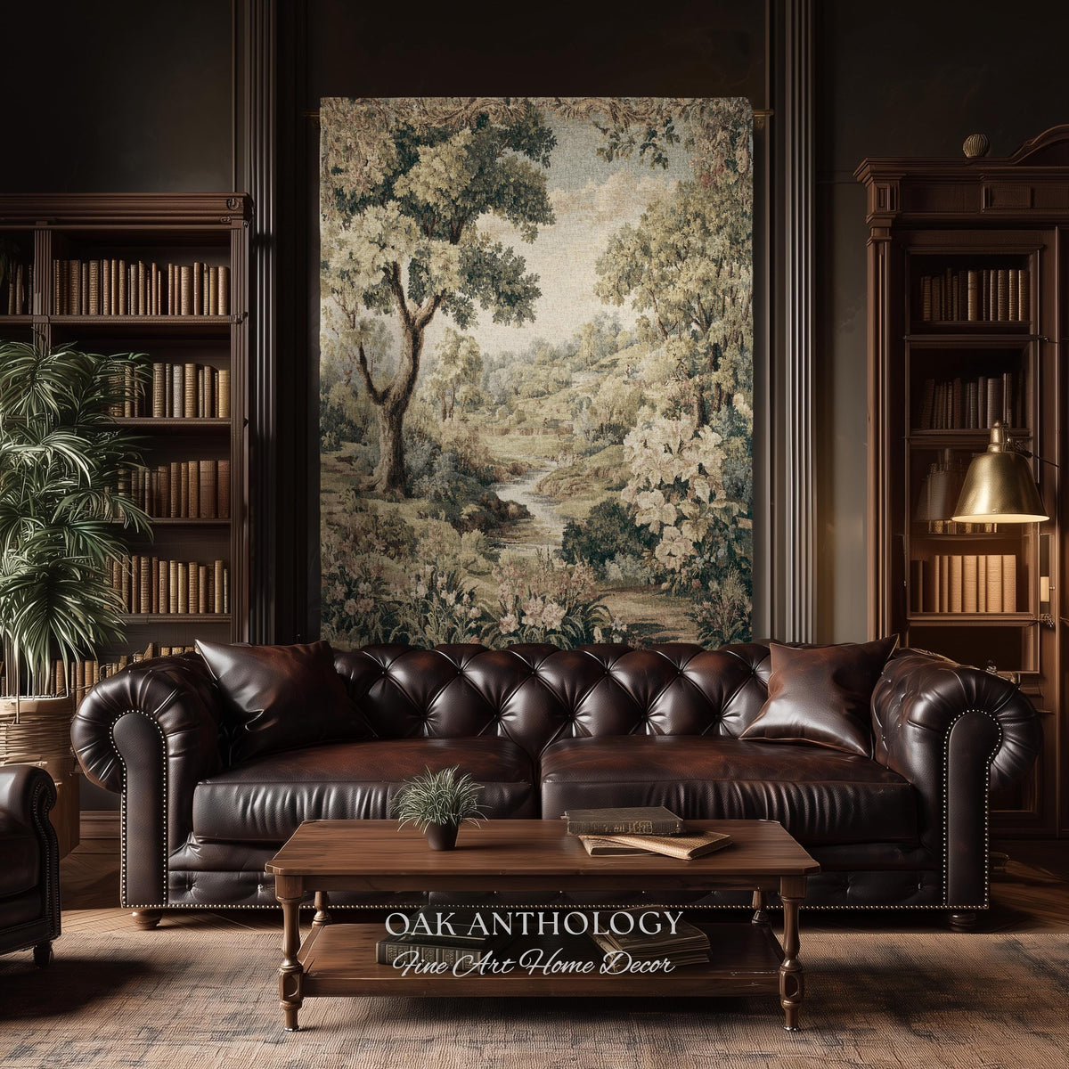 Sunlit Floral Meadow Stream Rolling Hills Countryside Woven Tapestry | Pastoral Landscape Throw Wall Hanging European Nature Botanical Art