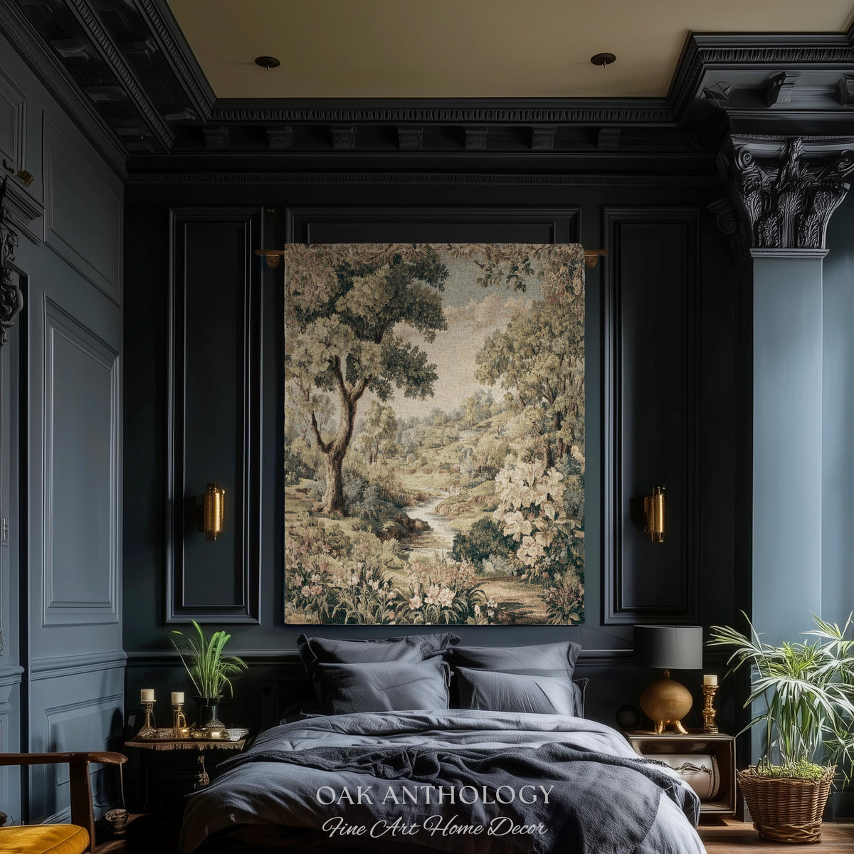 Sunlit Floral Meadow Stream Rolling Hills Countryside Woven Tapestry | Pastoral Landscape Throw Wall Hanging European Nature Botanical Art