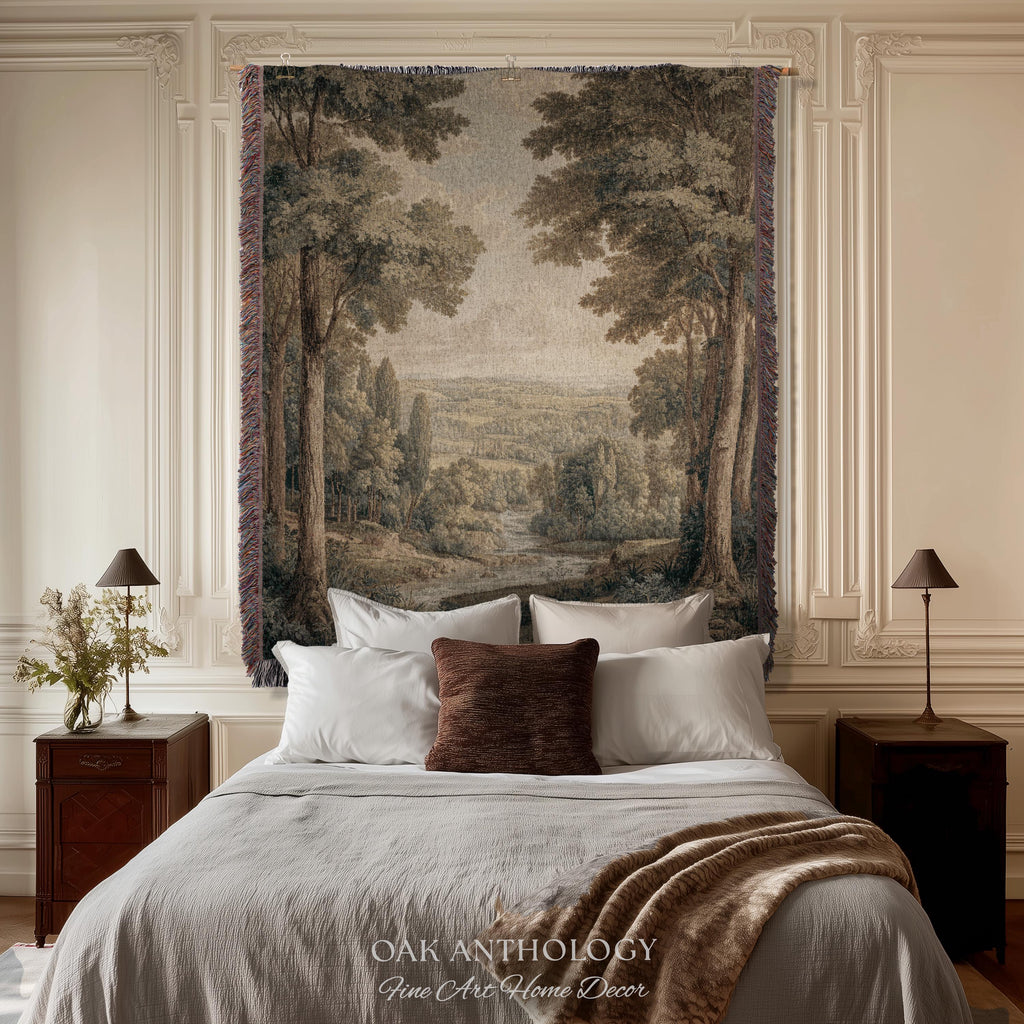 Classical Elegance River Valley Landscape Woven Tapestry Wall Hanging | Serene European Countryside Vintage Estate Style Rural Charm Decor