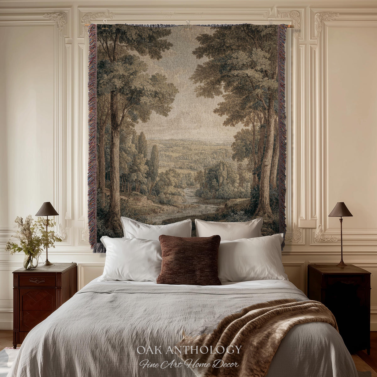 Classical Elegance River Valley Landscape Woven Tapestry Wall Hanging | Serene European Countryside Vintage Estate Style Rural Charm Decor