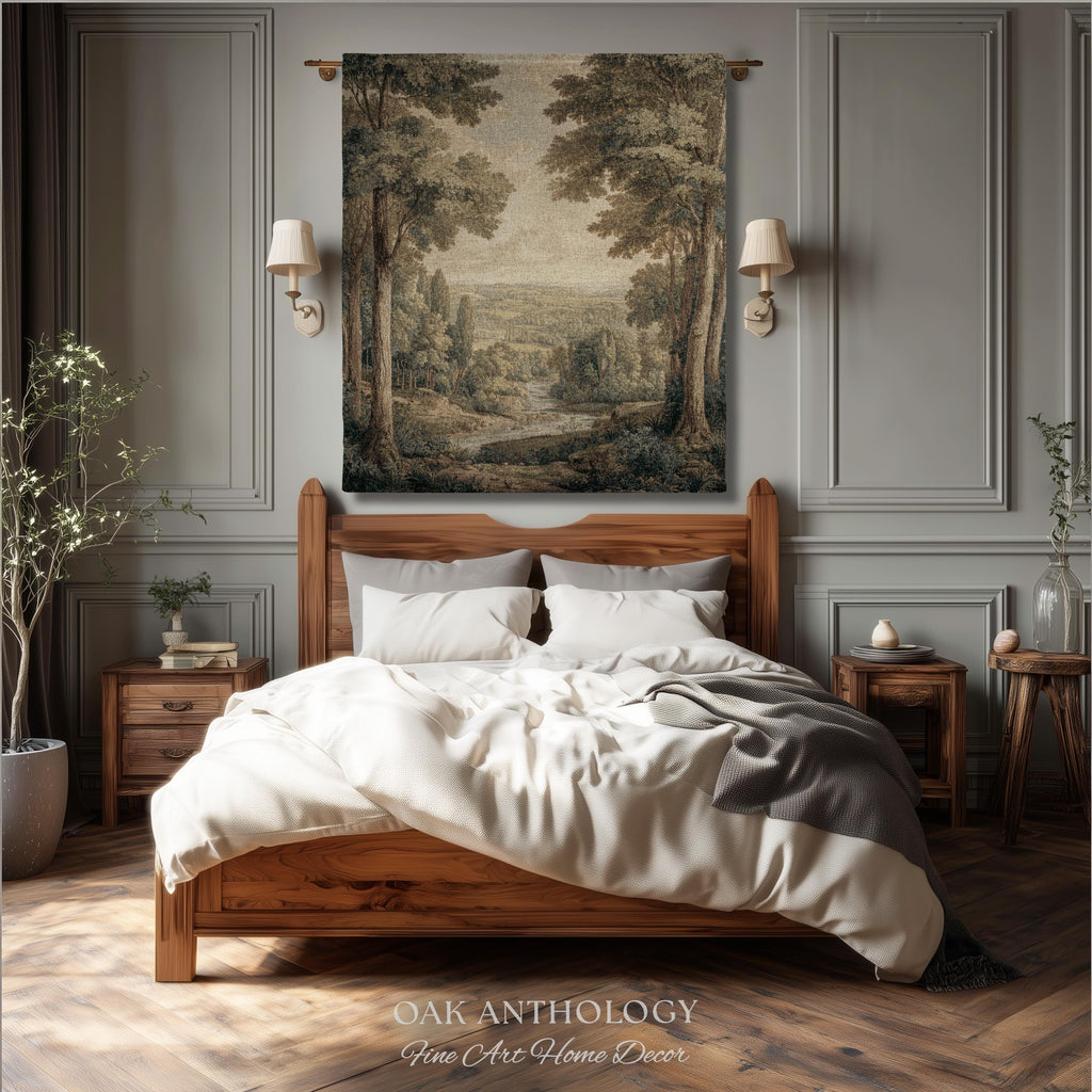 Classical Elegance River Valley Landscape Woven Tapestry Wall Hanging | Serene European Countryside Vintage Estate Style Rural Charm Decor
