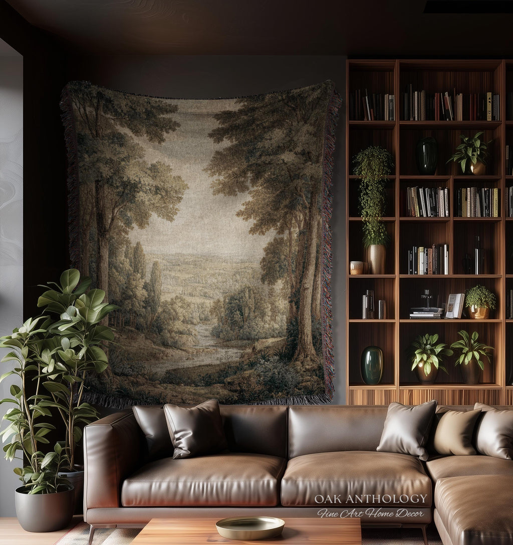 Classical Elegance River Valley Landscape Woven Tapestry Wall Hanging | Serene European Countryside Vintage Estate Style Rural Charm Decor