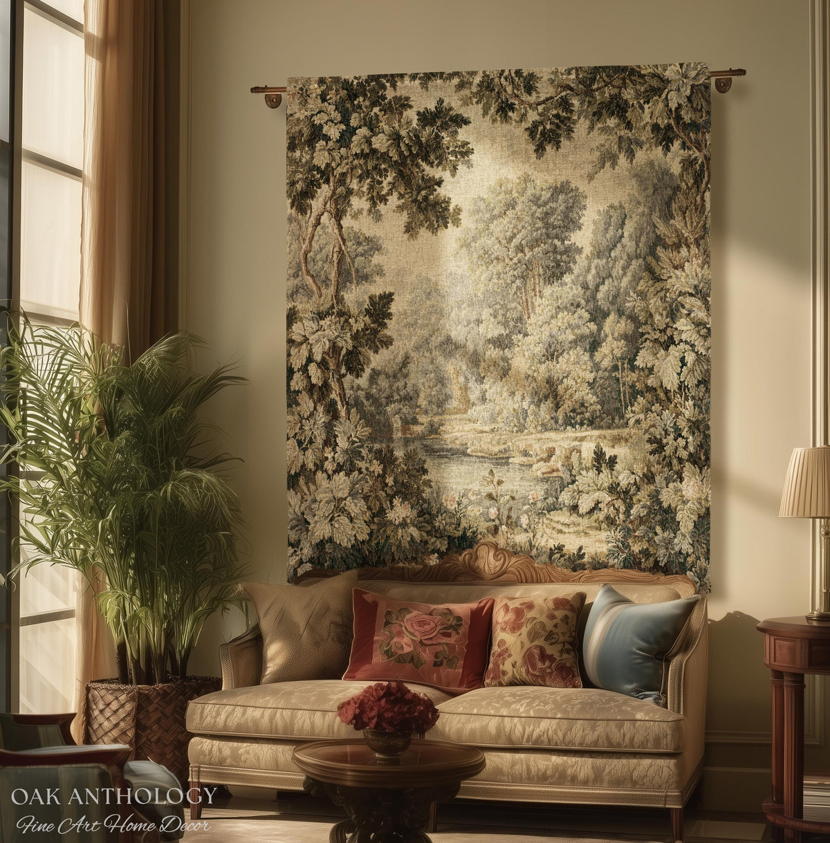 Elegant Rustic Art French Country Style Countryside Tapestry Woven Wall Hanging, Peaceful Nature Romantic Classical Charm Scenic River Decor