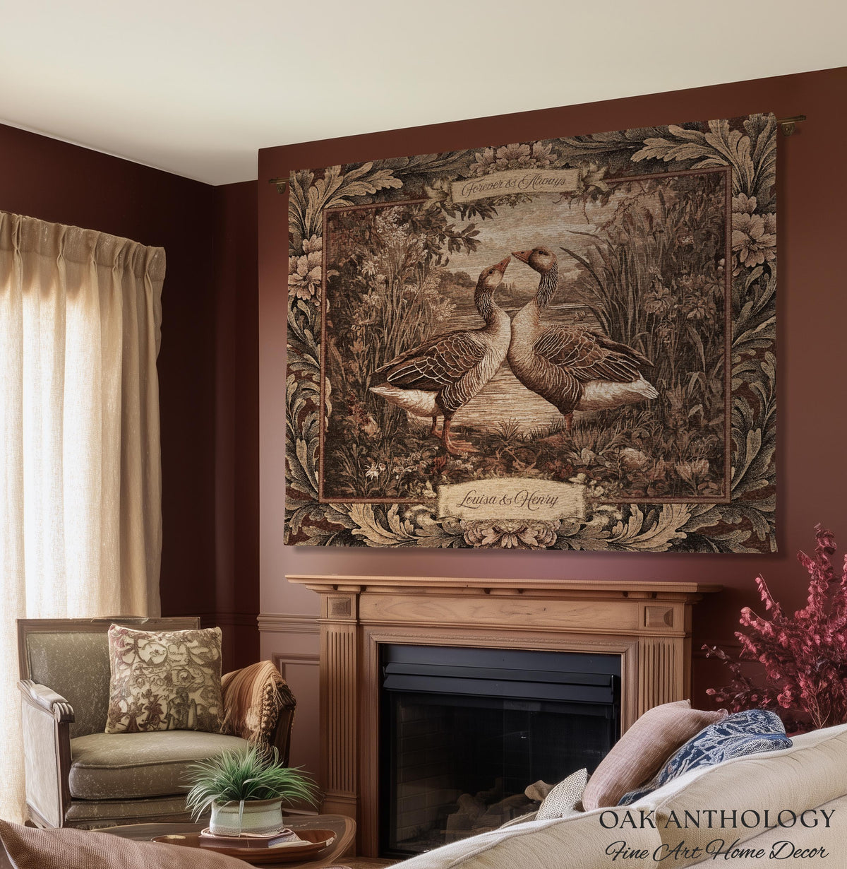 Old World Romance Goose Lovers Woven Tapestry Wall Hanging Throw Blanket | French Verdure Custom Names Wedding Anniversary Marriage Keepsake