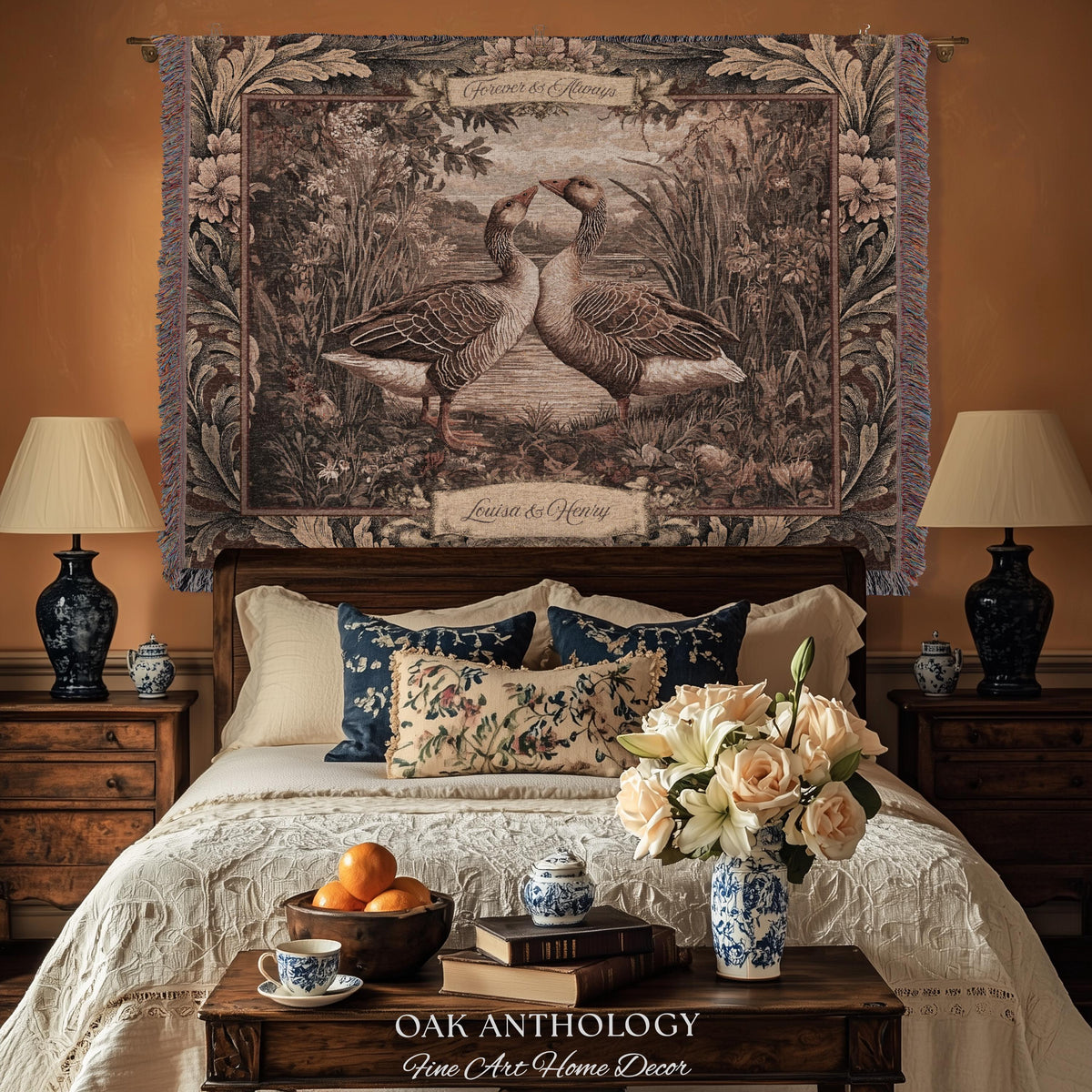 Old World Romance Goose Lovers Woven Tapestry Wall Hanging Throw Blanket | French Verdure Custom Names Wedding Anniversary Marriage Keepsake
