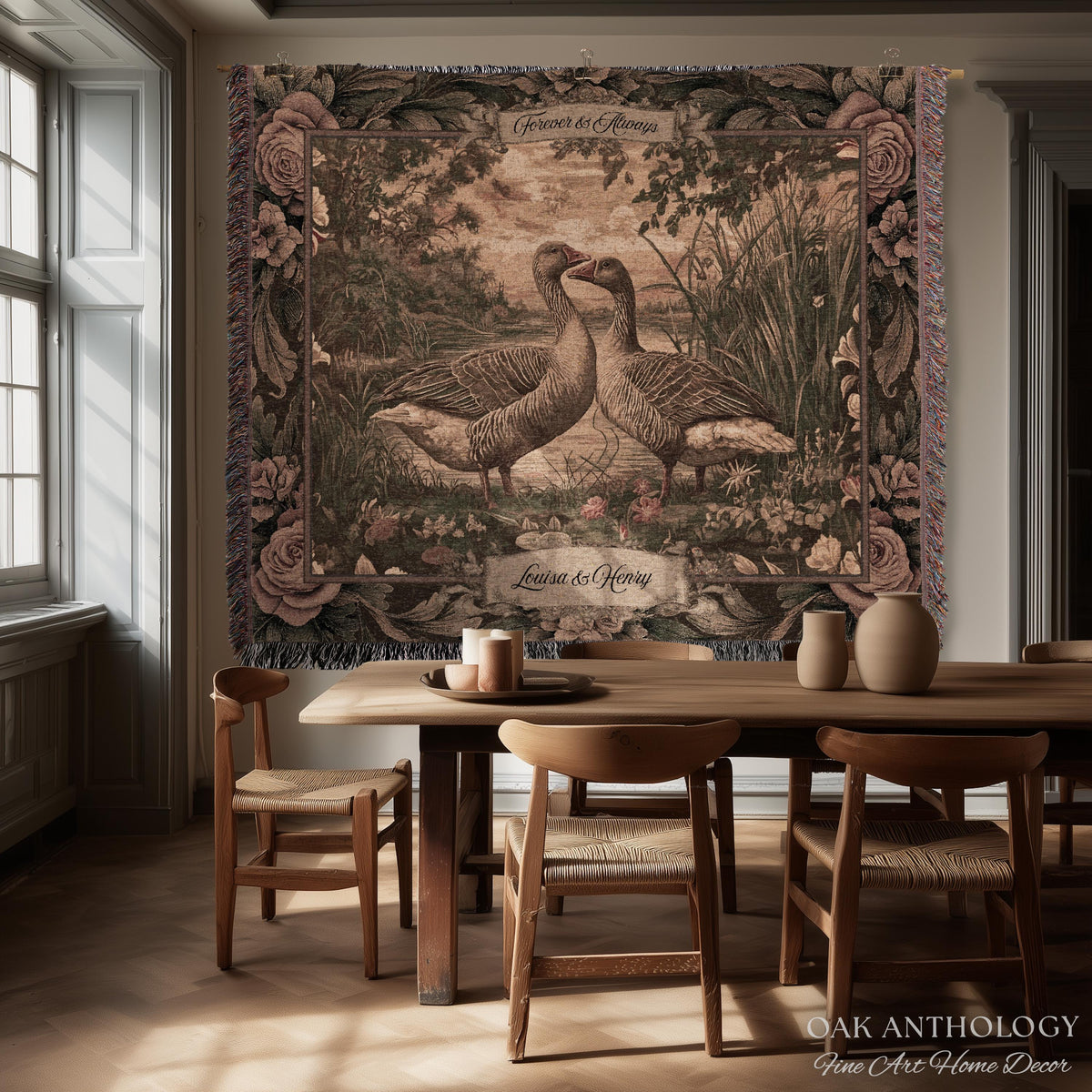 Traditional Romantic Vintage Goose Art Tapestry Throw Blanket Wall Hanging | Timeless Mr and Mrs Decor Wedding Anniversary Love Story Gift