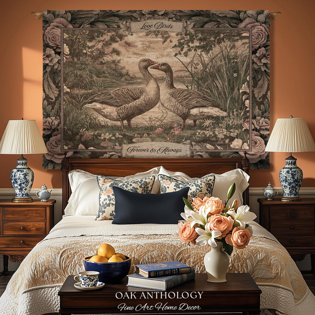 Traditional Romantic Vintage Goose Art Tapestry Throw Blanket Wall Hanging | Timeless Mr and Mrs Decor Wedding Anniversary Love Story Gift