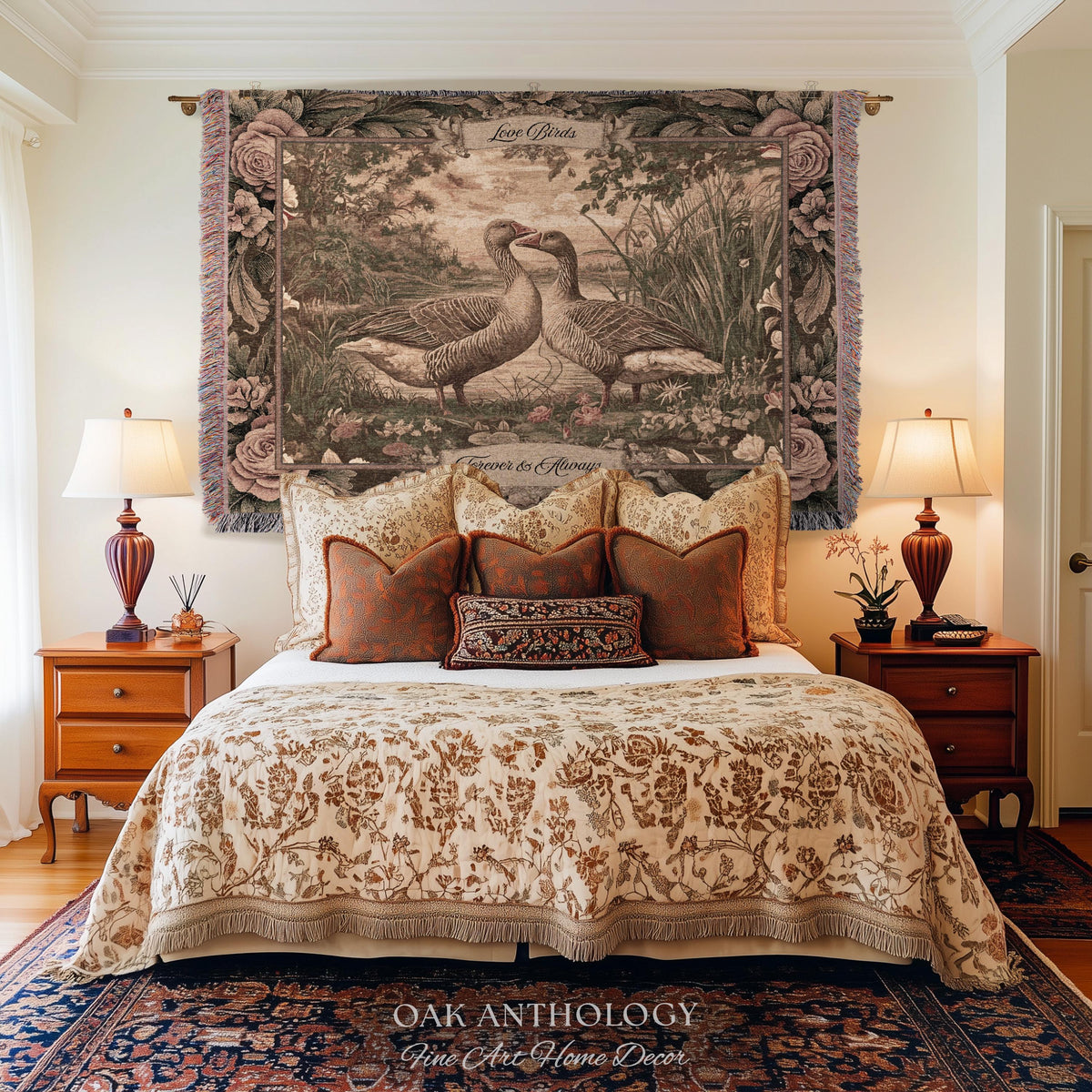 Traditional Romantic Vintage Goose Art Tapestry Throw Blanket Wall Hanging | Timeless Mr and Mrs Decor Wedding Anniversary Love Story Gift