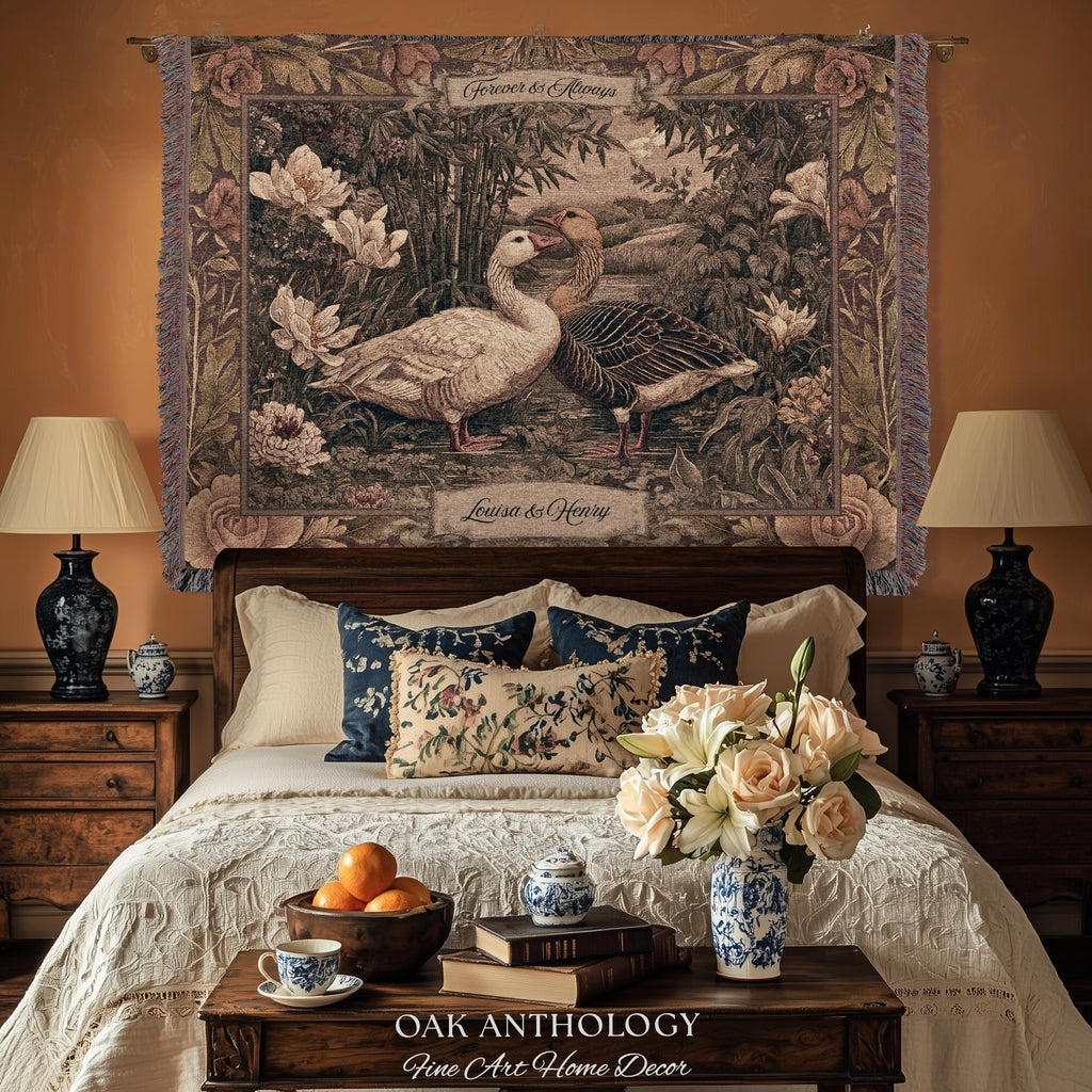 Heritage Nature Whimsical Goose Art Woven Wall Tapestry Throw Blanket Custom Names | Mr and Mrs Gift Engagement Anniversary Legacy Keepsake