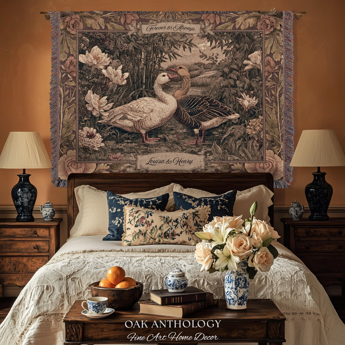 Heritage Nature Whimsical Goose Art Woven Wall Tapestry Throw Blanket Custom Names | Mr and Mrs Gift Engagement Anniversary Legacy Keepsake