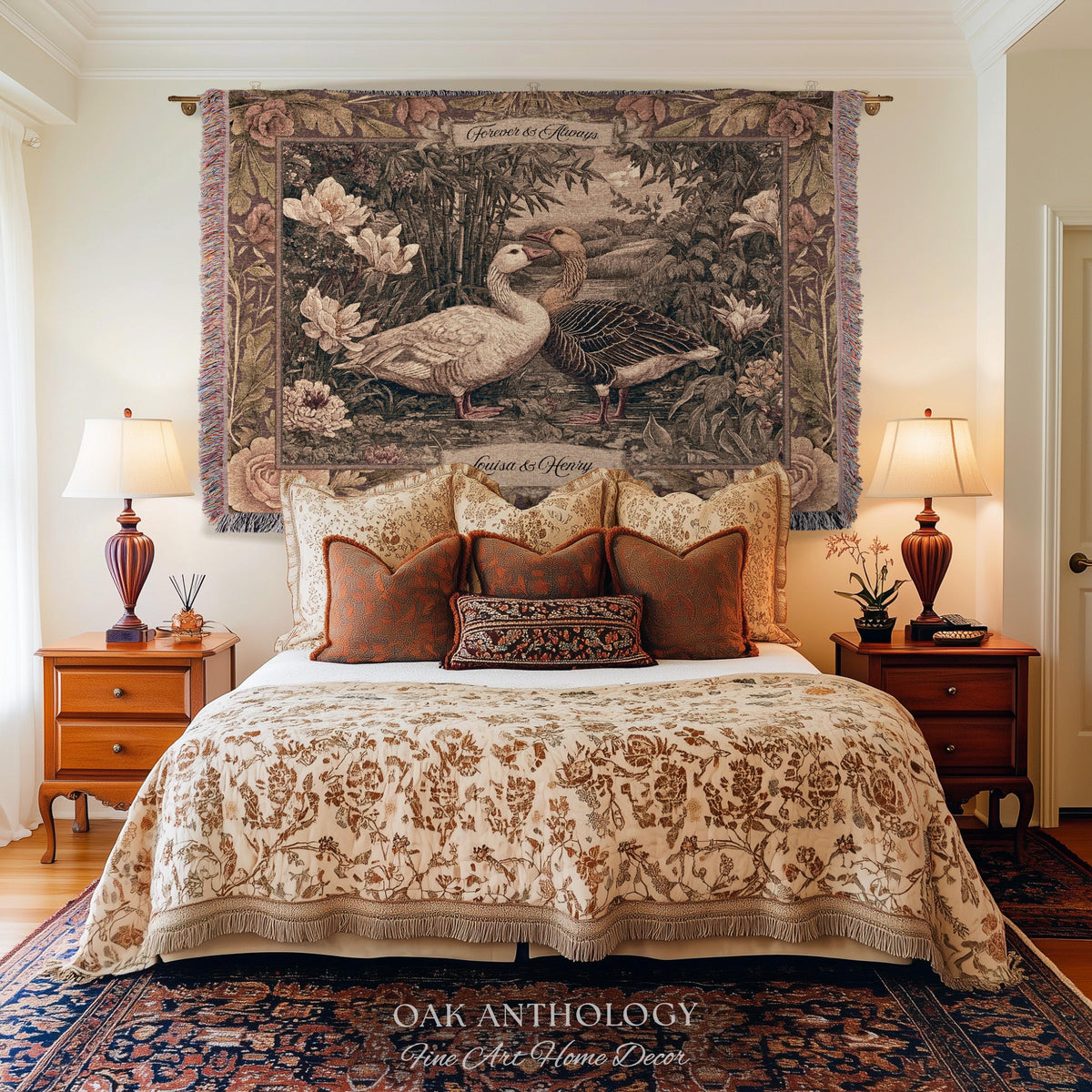 Heritage Nature Whimsical Goose Art Woven Wall Tapestry Throw Blanket Custom Names | Mr and Mrs Gift Engagement Anniversary Legacy Keepsake