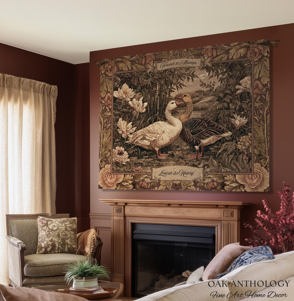 Heritage Nature Whimsical Goose Art Woven Wall Tapestry Throw Blanket Custom Names | Mr and Mrs Gift Engagement Anniversary Legacy Keepsake