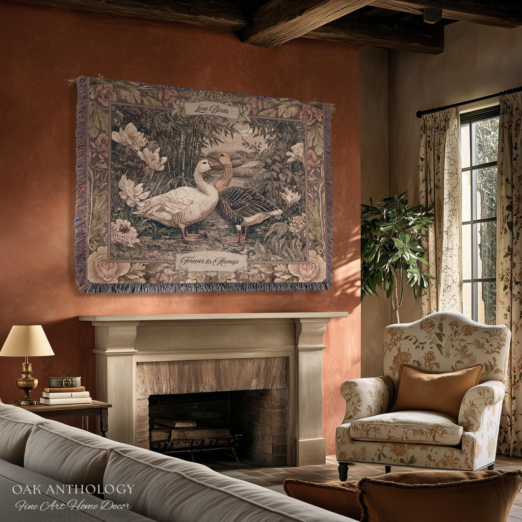 Heritage Nature Whimsical Goose Art Woven Wall Tapestry Throw Blanket Custom Names | Mr and Mrs Gift Engagement Anniversary Legacy Keepsake