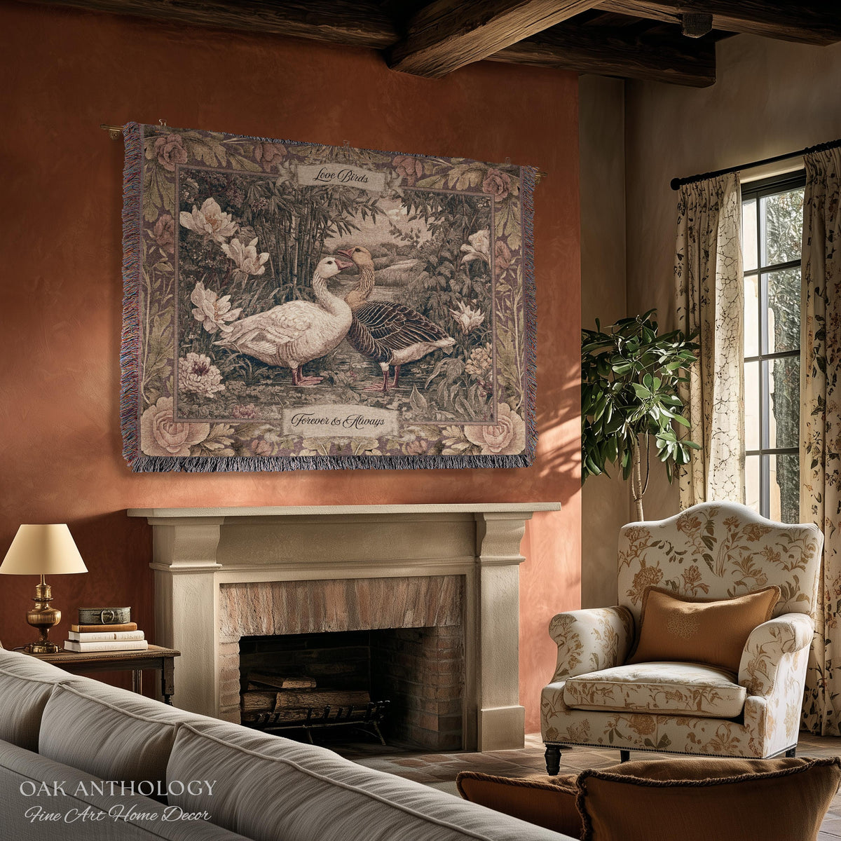 Heritage Nature Whimsical Goose Art Woven Wall Tapestry Throw Blanket Custom Names | Mr and Mrs Gift Engagement Anniversary Legacy Keepsake