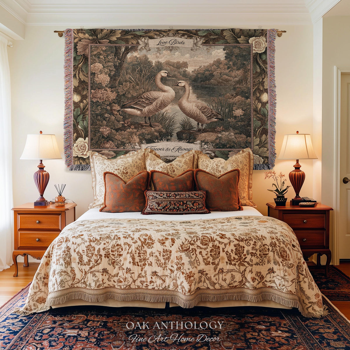 Quiet Elegance Timeless Romantic Kissing Geese Woven Tapestry Wall Hanging | Names Throw Blanket Wedding Anniversary Newlywed Keepsake
