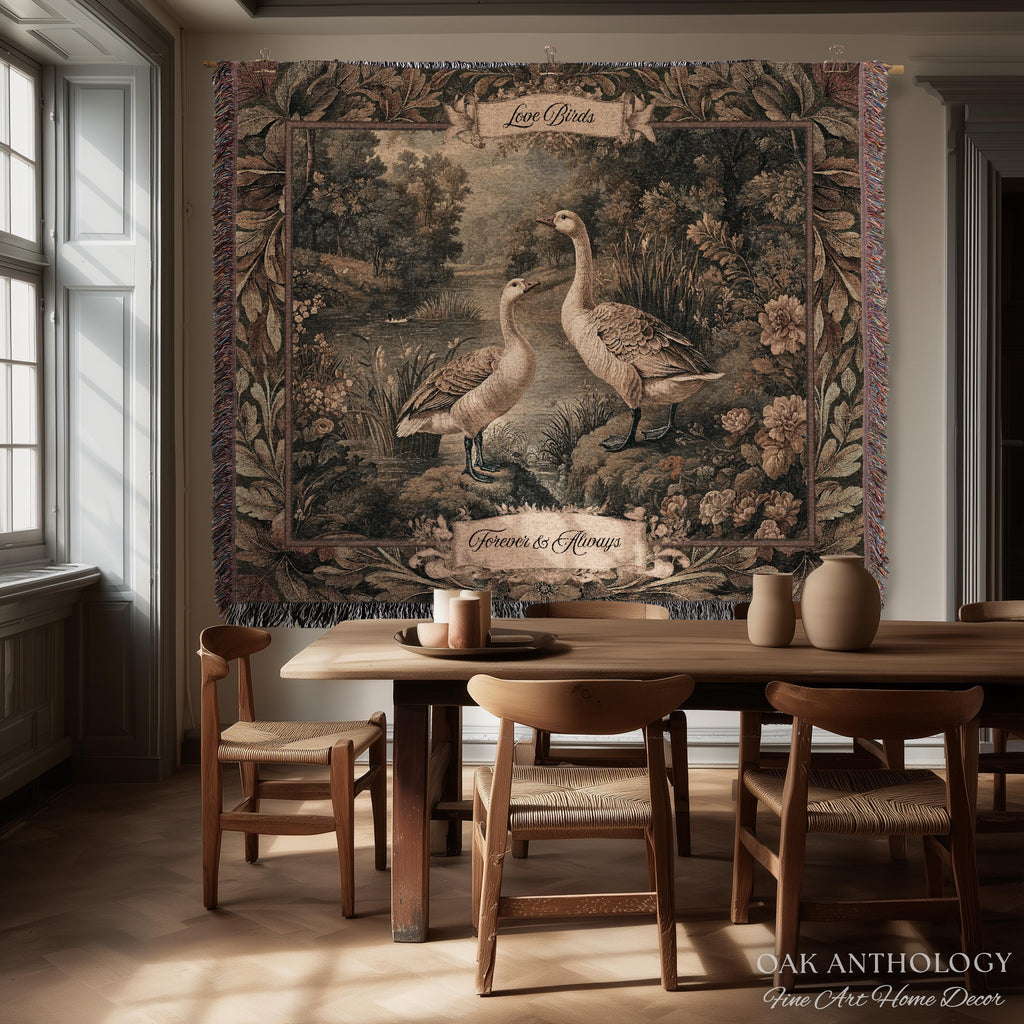 Heirloom Style River Woodland Wild Geese Couple Art Woven Tapestry Wall Hanging Throw | Custom Wedding Blanket Anniversary Meaningful Gifts