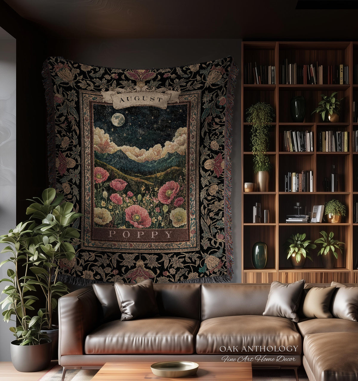 Moonlit Poppy August Birth Month Flower Woven Tapestry Throw Landscape Wall Hanging | Nostalgic Storybook Antique Nature Art Birthday Gift