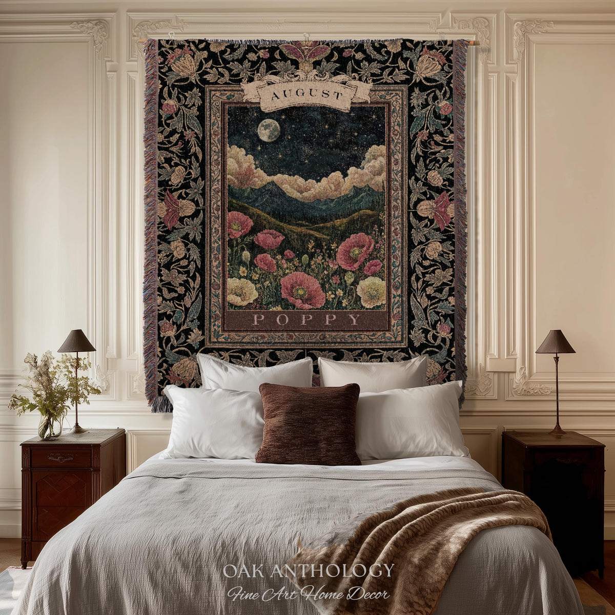 Moonlit Poppy August Birth Month Flower Woven Tapestry Throw Landscape Wall Hanging | Nostalgic Storybook Antique Nature Art Birthday Gift