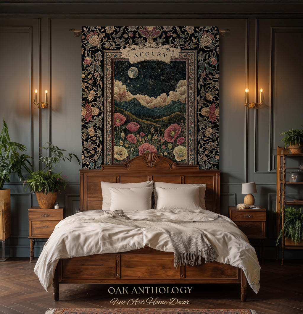 Moonlit Poppy August Birth Month Flower Woven Tapestry Throw Landscape Wall Hanging | Nostalgic Storybook Antique Nature Art Birthday Gift