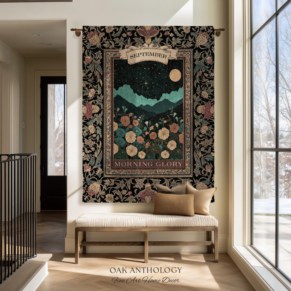 Folk Art Floral Wall Hanging Birth Month Morning Glory Flower Woven Tapestry, Dark Academia Nature Scene Throw September Birthday Gift Decor