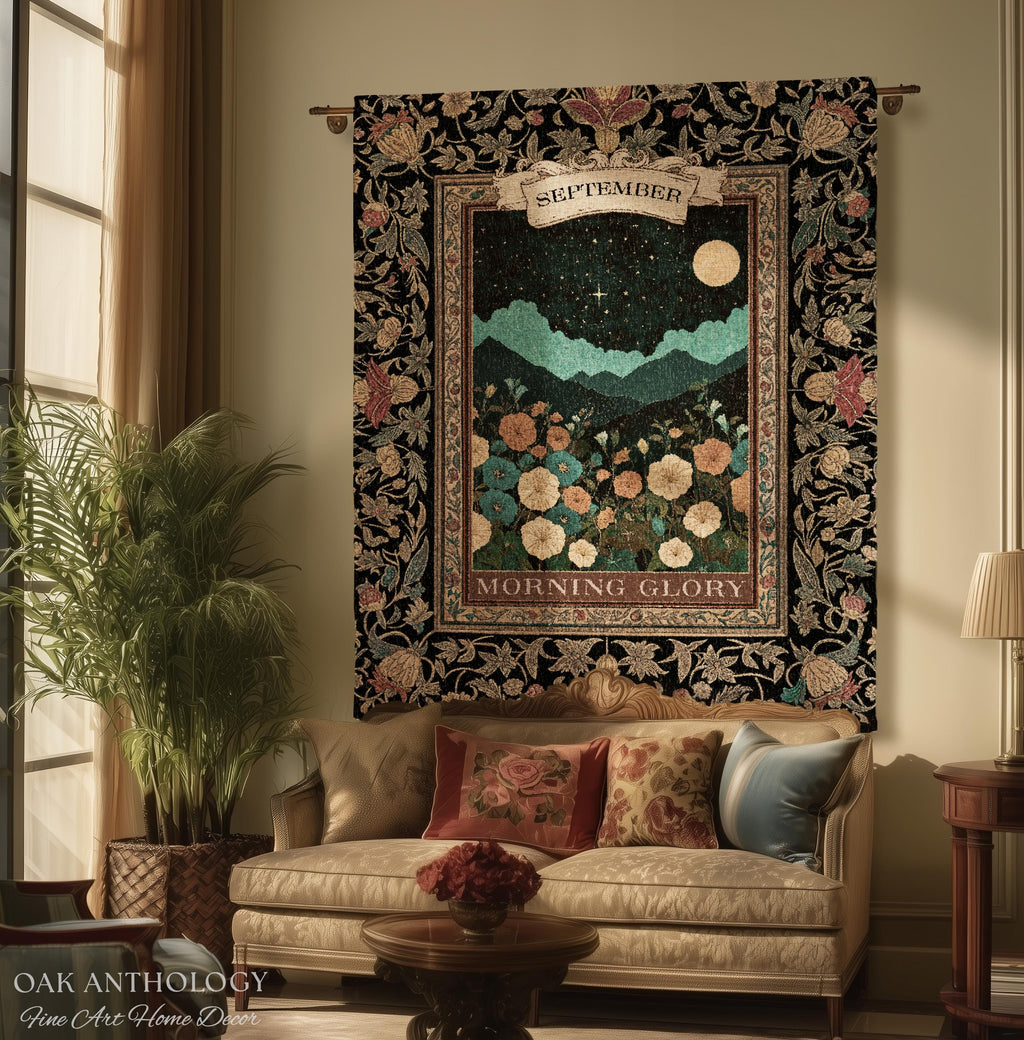 Folk Art Floral Wall Hanging Birth Month Morning Glory Flower Woven Tapestry, Dark Academia Nature Scene Throw September Birthday Gift Decor
