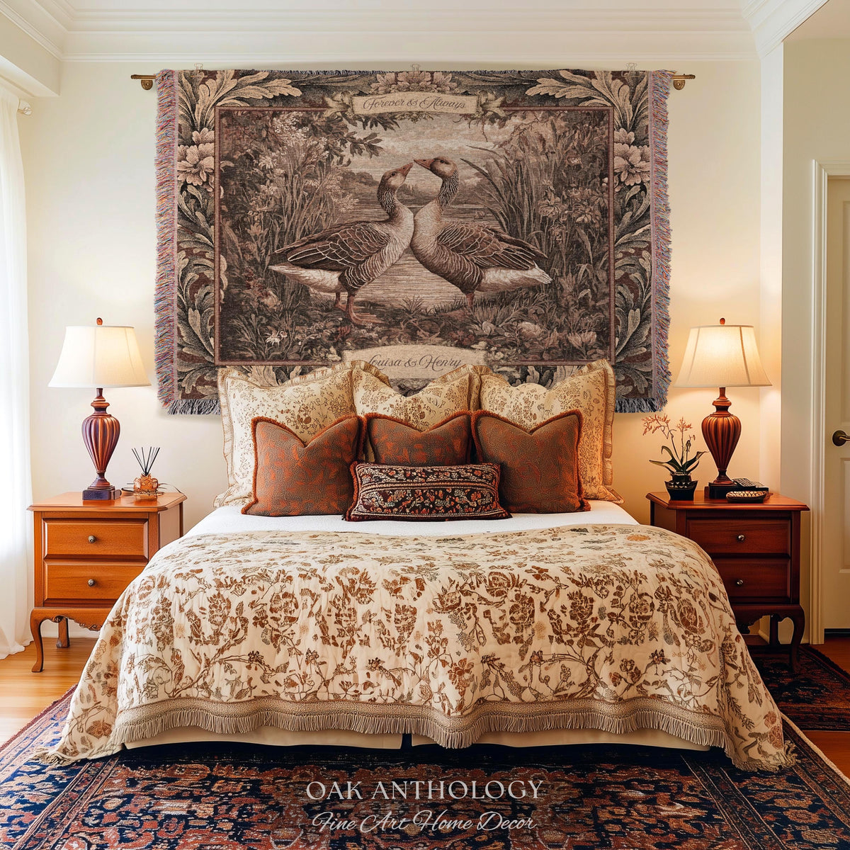 Old World Romance Goose Lovers Woven Tapestry Wall Hanging Throw Blanket | French Verdure Custom Names Wedding Anniversary Marriage Keepsake