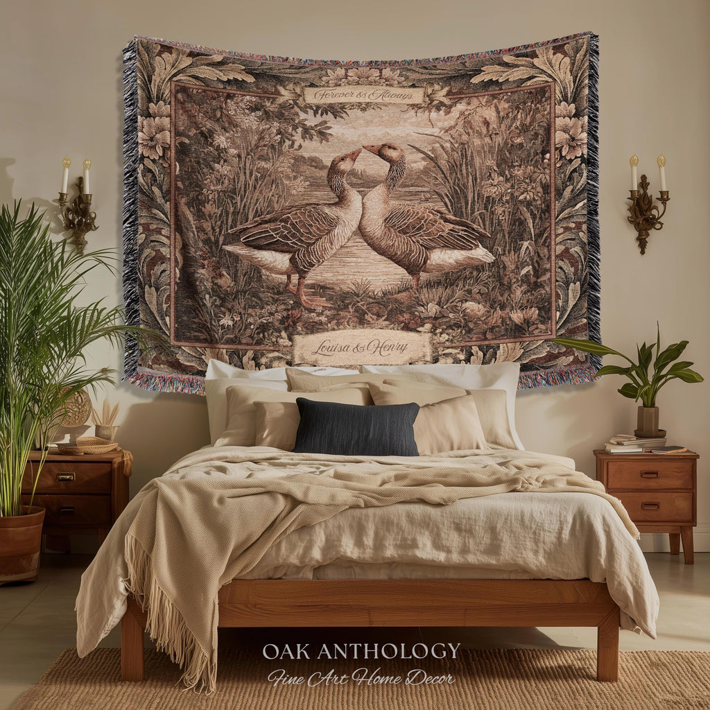 Old World Romance Goose Lovers Woven Tapestry Wall Hanging Throw Blanket | French Verdure Custom Names Wedding Anniversary Marriage Keepsake