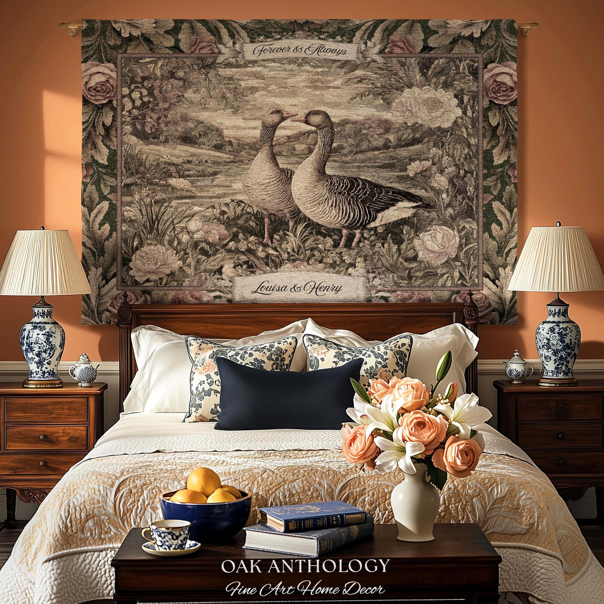 Romantic Cottage Rustic Goose Decor Tapestry Throw Blanket Wall Hanging Personalized Custom | Country Name Wedding Anniversary Married Gift