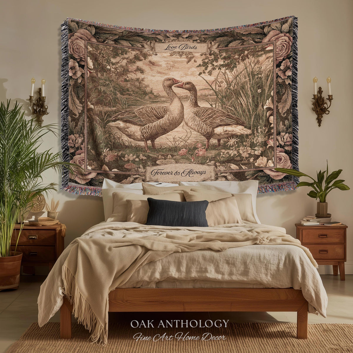 Traditional Romantic Vintage Goose Art Tapestry Throw Blanket Wall Hanging | Timeless Mr and Mrs Decor Wedding Anniversary Love Story Gift