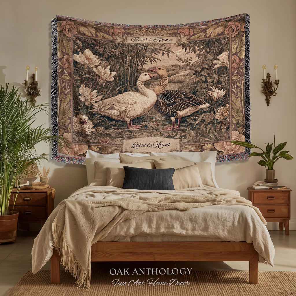 Heritage Nature Whimsical Goose Art Woven Wall Tapestry Throw Blanket Custom Names | Mr and Mrs Gift Engagement Anniversary Legacy Keepsake
