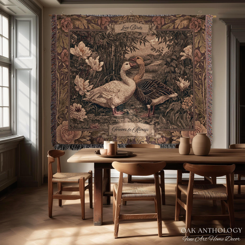 Heritage Nature Whimsical Goose Art Woven Wall Tapestry Throw Blanket Custom Names | Mr and Mrs Gift Engagement Anniversary Legacy Keepsake