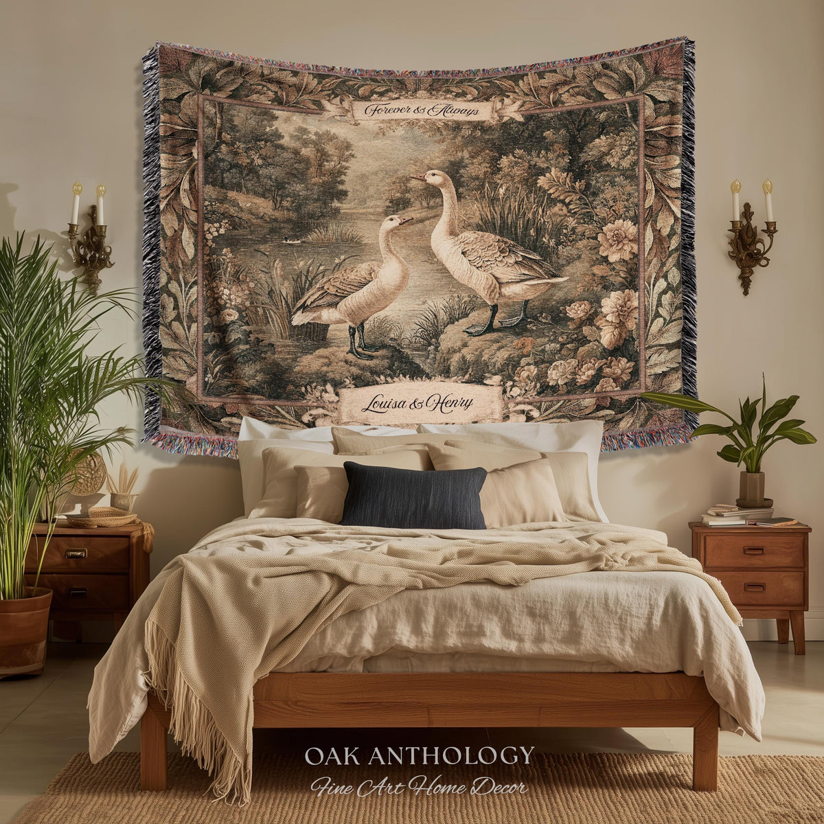 Heirloom Style River Woodland Wild Geese Couple Art Woven Tapestry Wall Hanging Throw | Custom Wedding Blanket Anniversary Meaningful Gifts