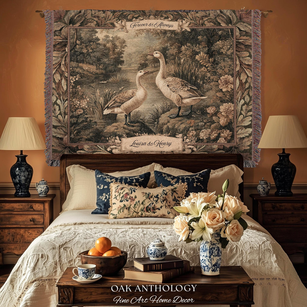 Heirloom Style River Woodland Wild Geese Couple Art Woven Tapestry Wall Hanging Throw | Custom Wedding Blanket Anniversary Meaningful Gifts