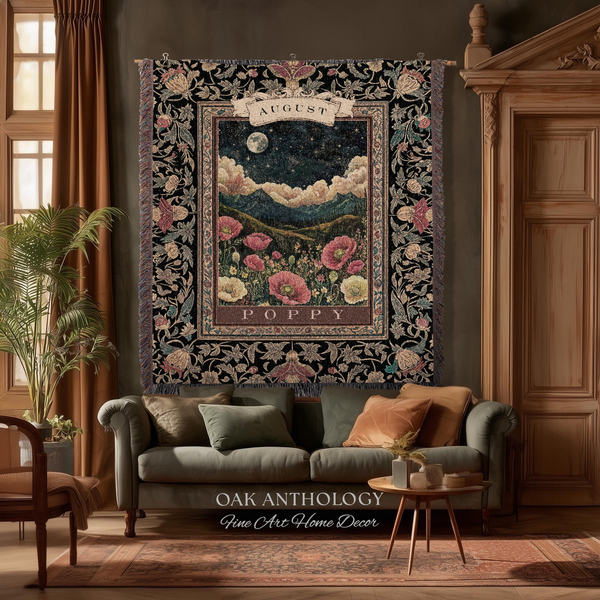 Moonlit Poppy August Birth Month Flower Woven Tapestry Throw Landscape Wall Hanging | Nostalgic Storybook Antique Nature Art Birthday Gift