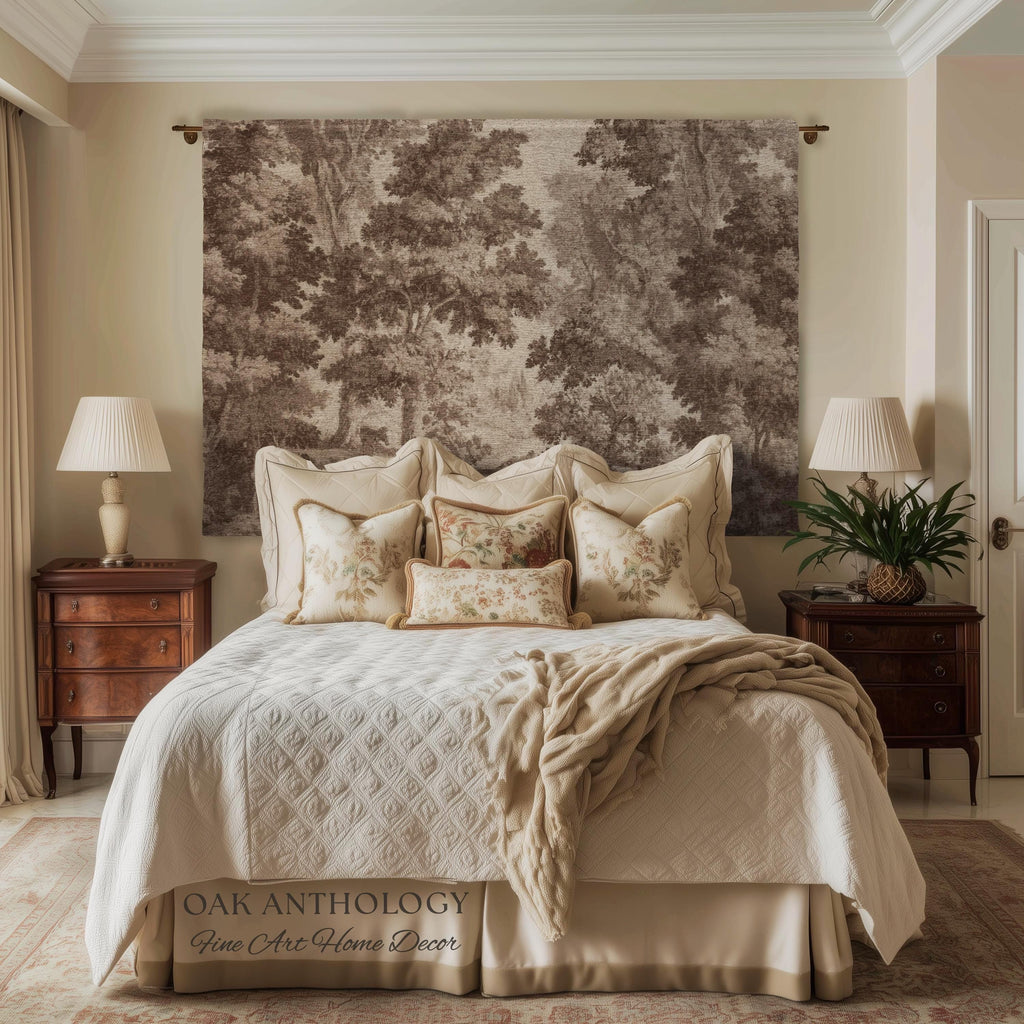 Neutral Forest Art Tapestry Woven Sepia Trees Soft Nature Decor | Antique Landscape Misty Woodland Throw Blanket Traditional Wall Hanging