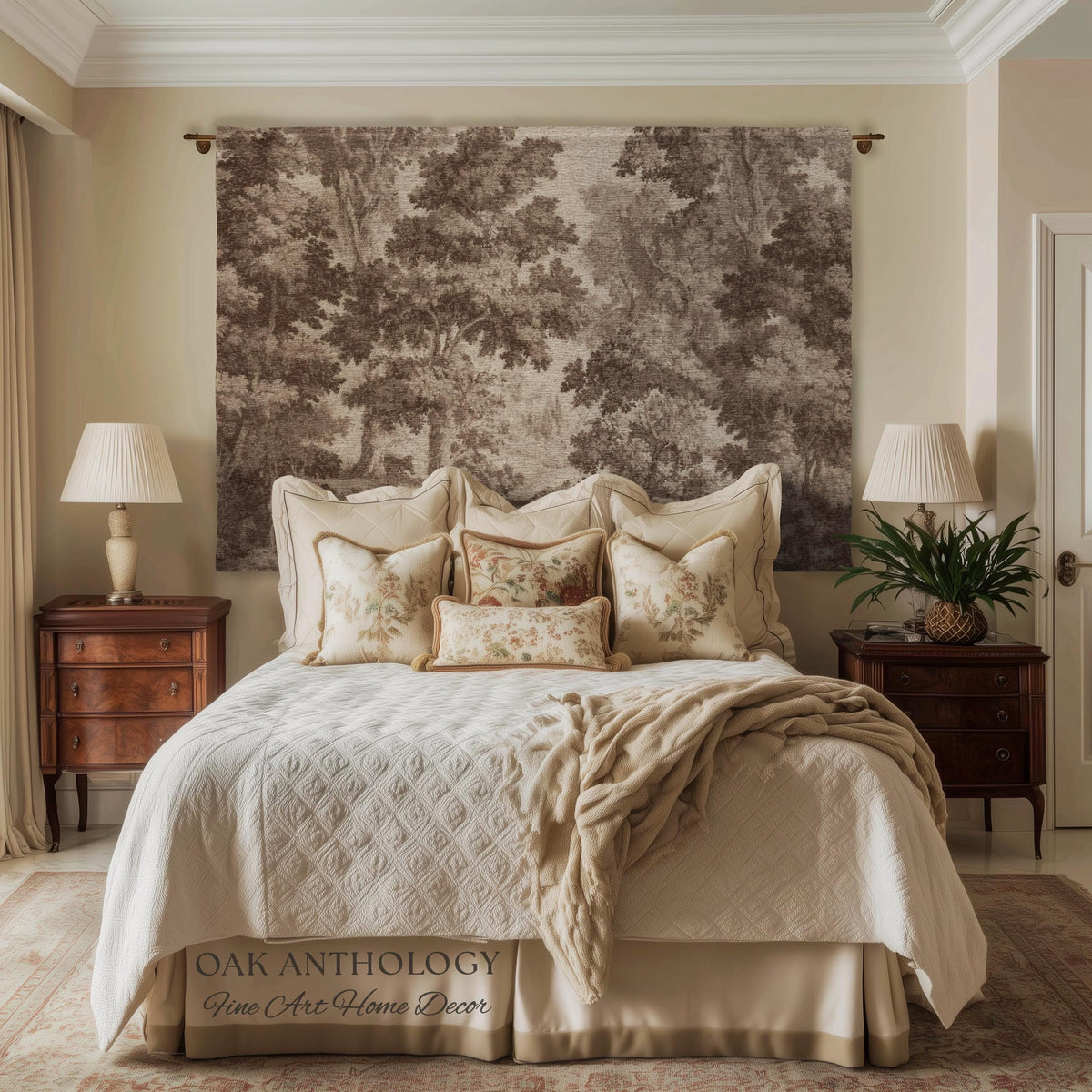 Neutral Forest Art Tapestry Woven Sepia Trees Soft Nature Decor | Antique Landscape Misty Woodland Throw Blanket Traditional Wall Hanging