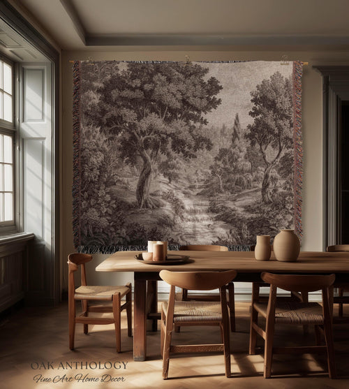 Classic Countryside Scenic Woodland Tapestry Woven Throw Muted Tone Sepia Wall Decor | Timeless Heirloom Neutral Landscape Soft Nature Art