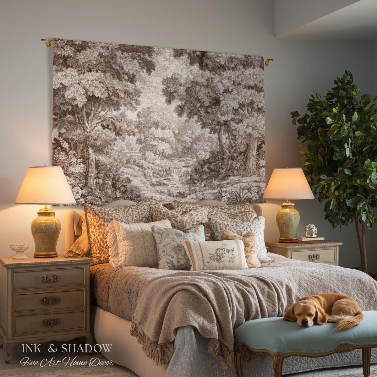 Elegant Rustic Woven Throw Tapestry Woodland River Tranquil Scene Sepia Landscape | Muted Tones Neutral Natural Art Soft Nature Wall Hanging